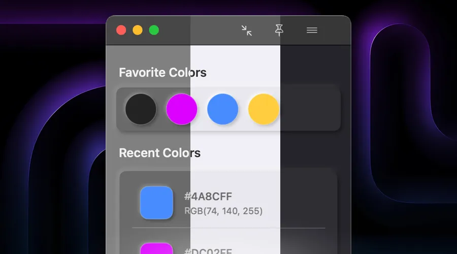 ColorKeep macOS utility displaying saved colors across neutral, light, and dark themes